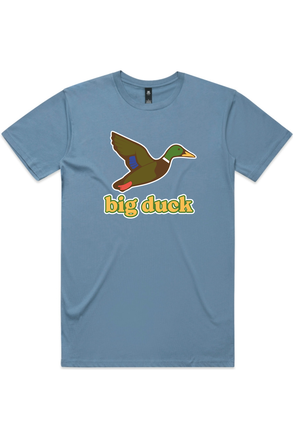 Caribbean Sea tee in Fog Blue with front flying mallard Big Duck logo