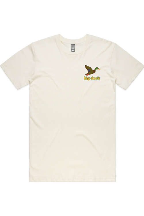 Egg Shell tee in Natural with left chest flying mallard Big Duck logo
