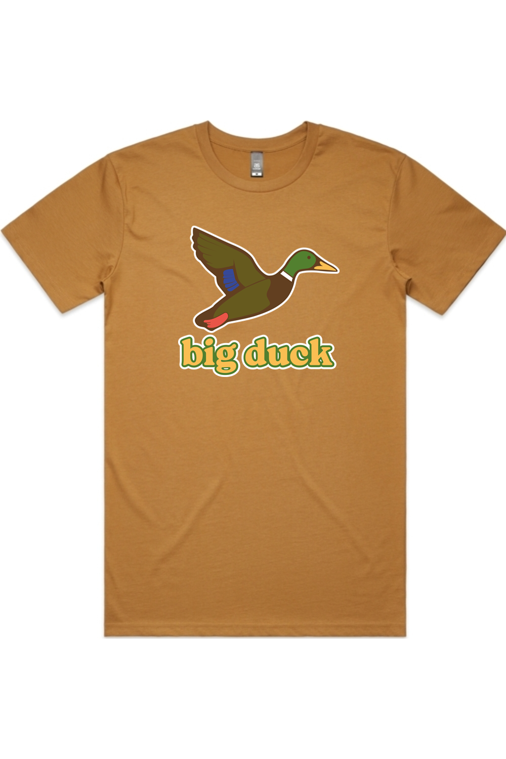 Sahara tee in Camel with front flying mallard Big Duck logo
