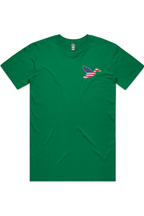 Big Duck Americana tee in Kelly Green with left chest flying mallard Big Duck logo