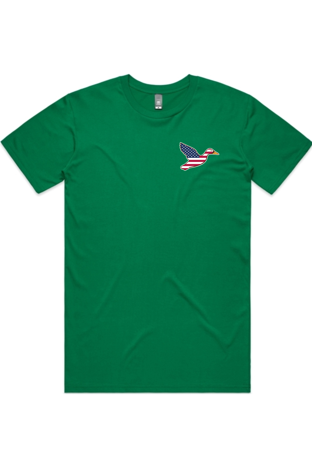 Big Duck Americana tee in Kelly Green with left chest flying mallard Big Duck logo