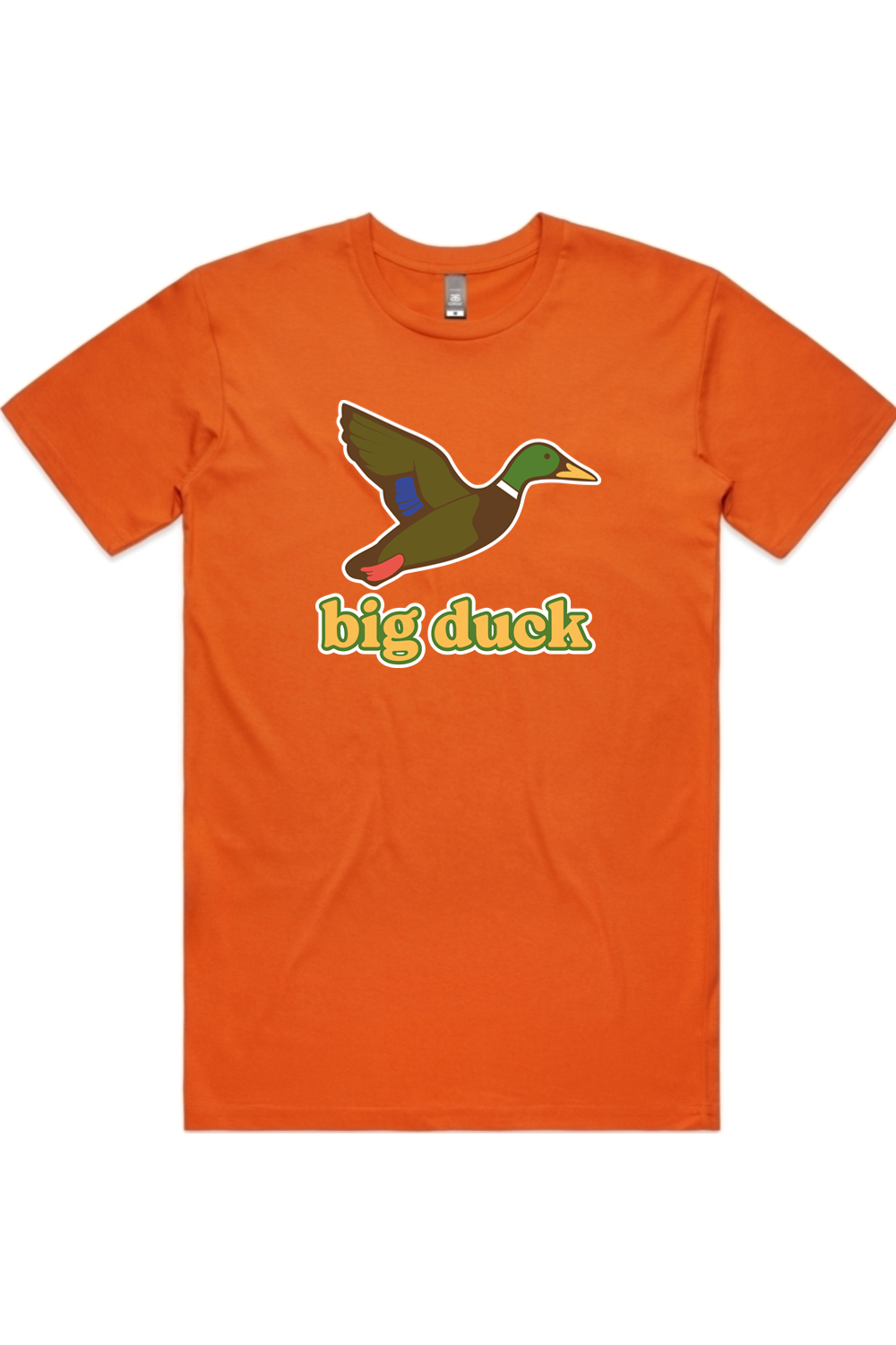 Orange Crush tee with front flying mallard Big Duck logo