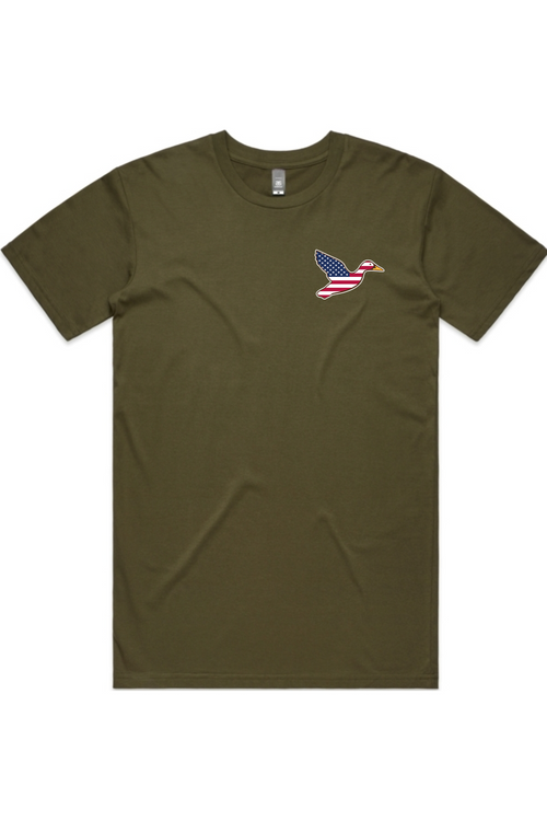 Big Duck Americana tee in Army with left chest flying mallard Big Duck logo
