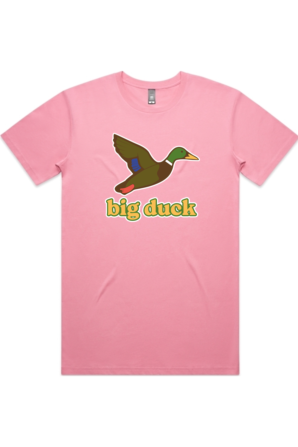 Bubblegum tee with front flying mallard Big Duck logo
