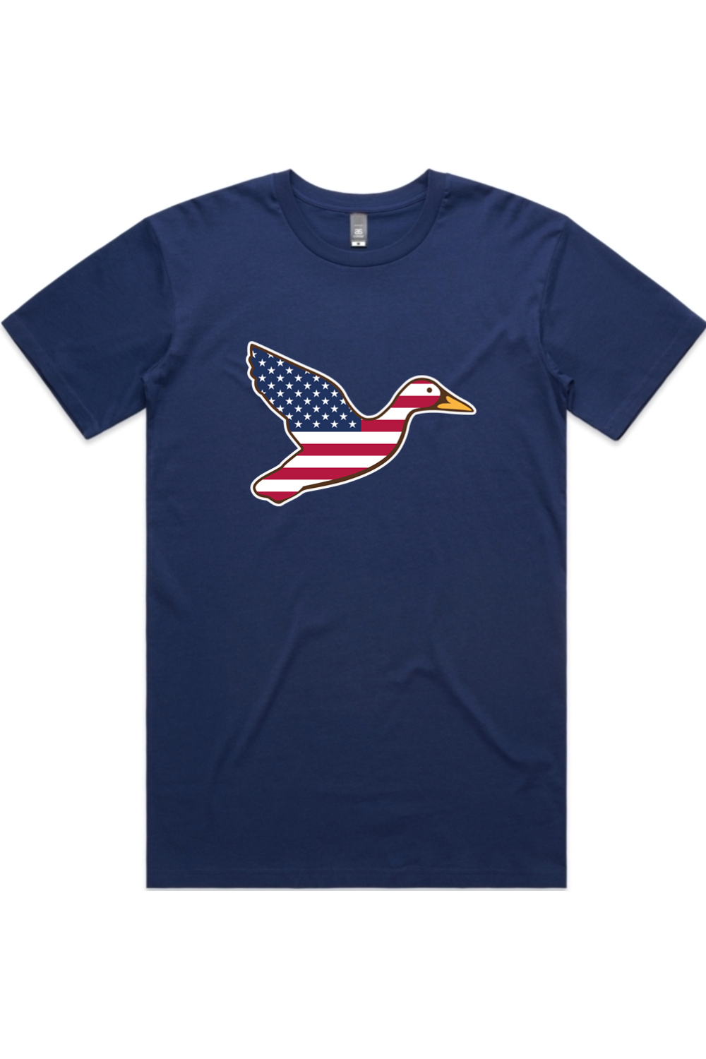 Big Duck Americana tee in Cobalt with front flying mallard Big Duck logo