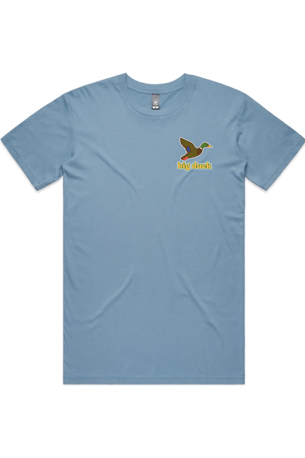 Carolina Blue tee with left chest flying mallard Big Duck logo