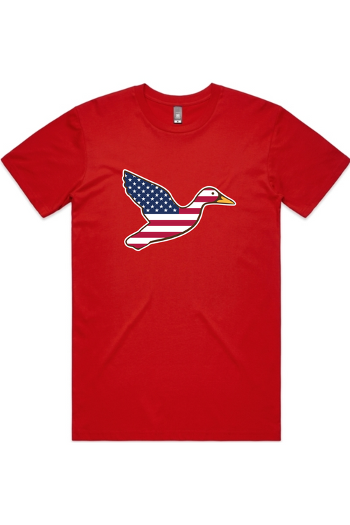 Big Duck Americana tee in Red with front flying mallard Big Duck logo