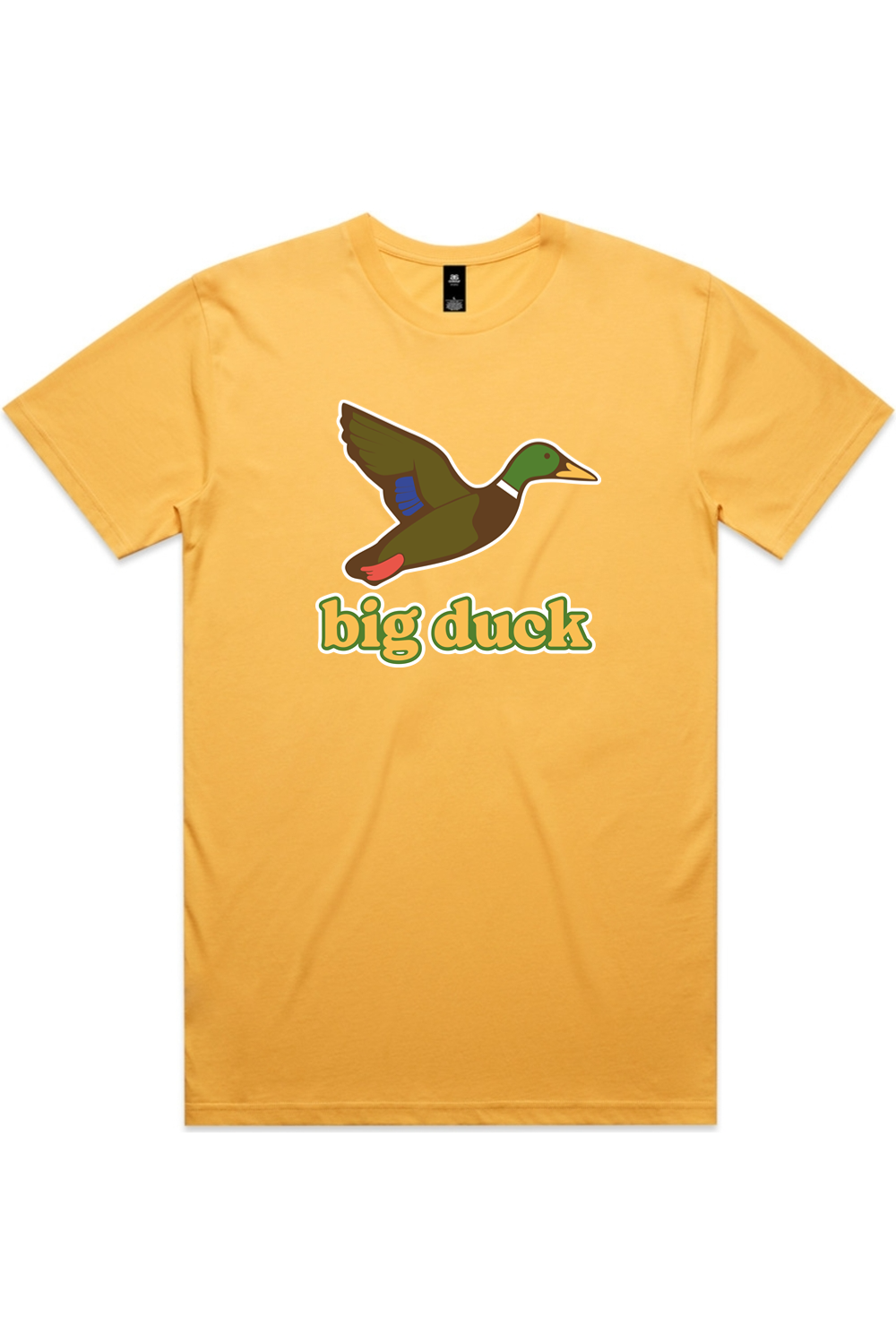 Jenny Sunshine tee in Sunset with front flying mallard Big Duck logo