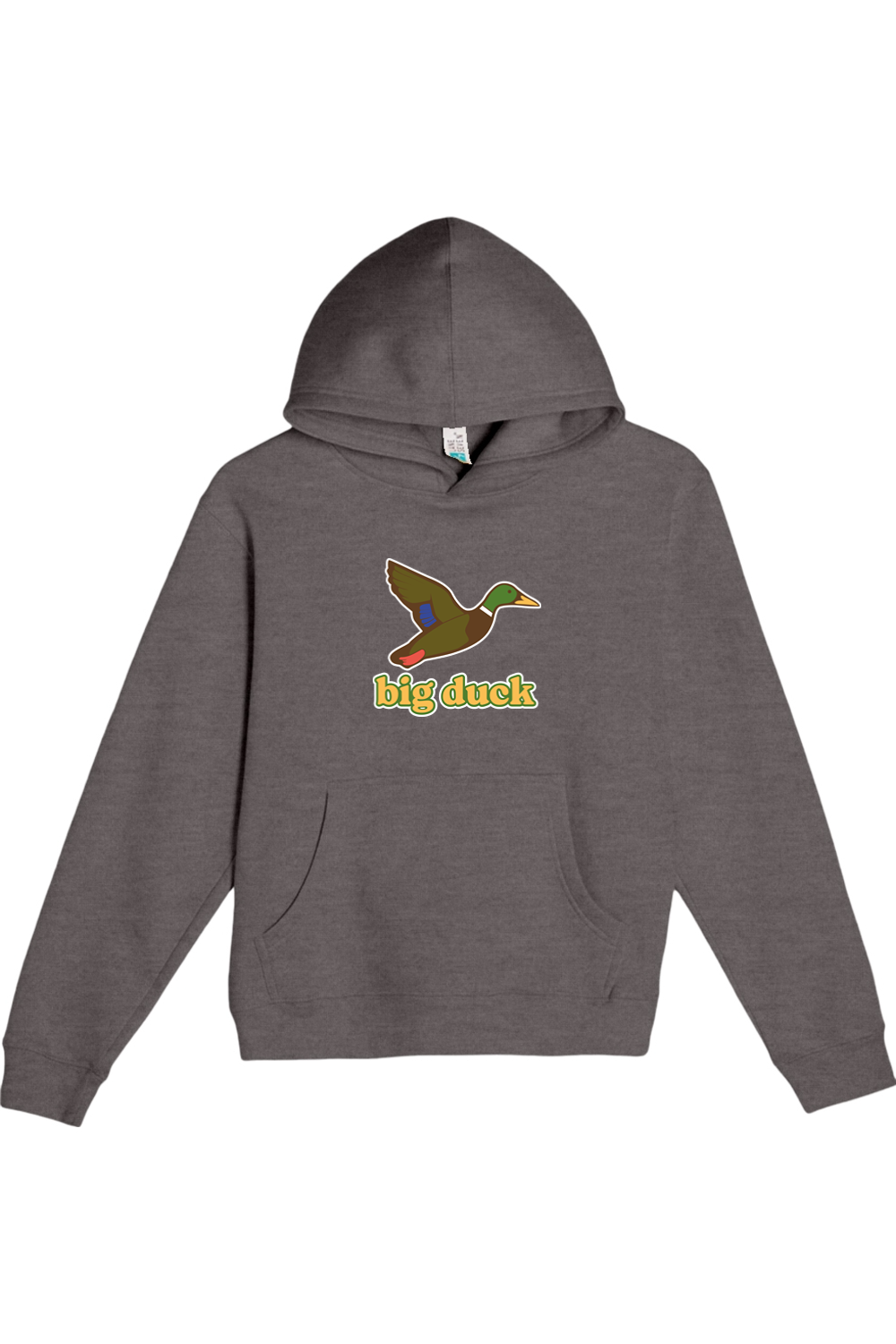 Big Duck In-Flight youth hoodie in Charcoal Heather with front Big Duck mallard logo