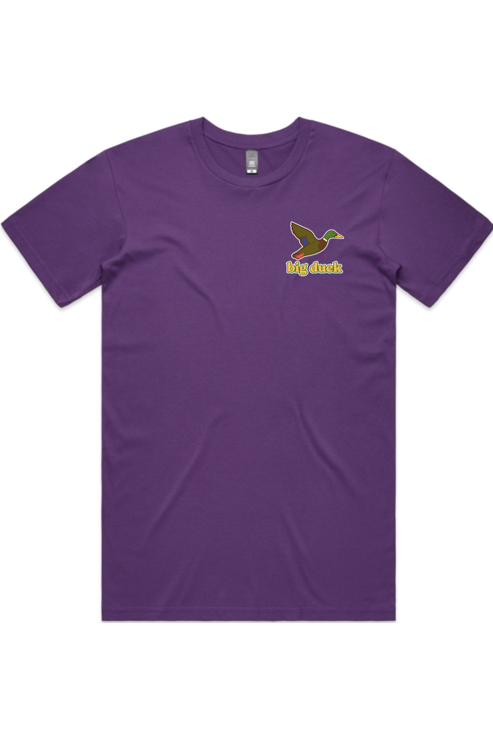 Purple Reign tee with left chest flying mallard Big Duck logo
