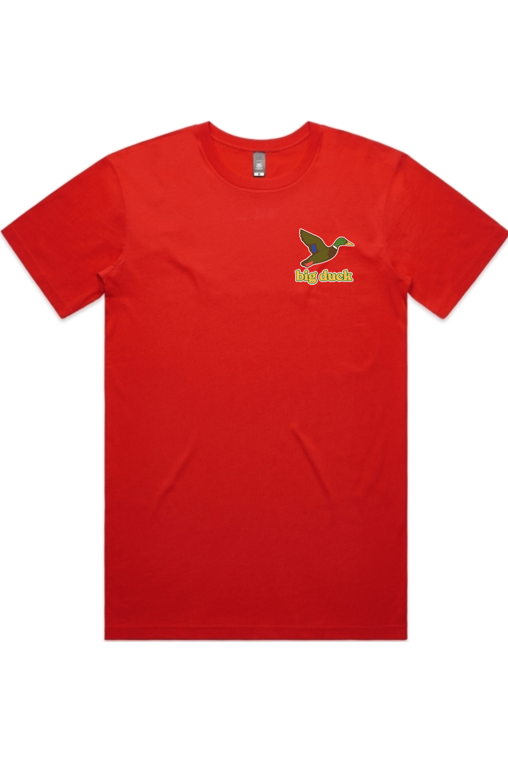 Bullseye tee in Fire with left chest flying mallard Big Duck logo