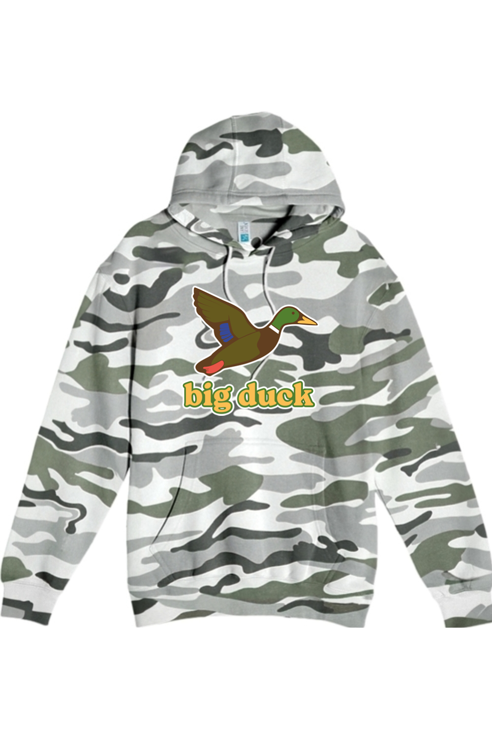 Big Duck In-Flight hoodie in Sage Camo with front Big Duck mallard logo
