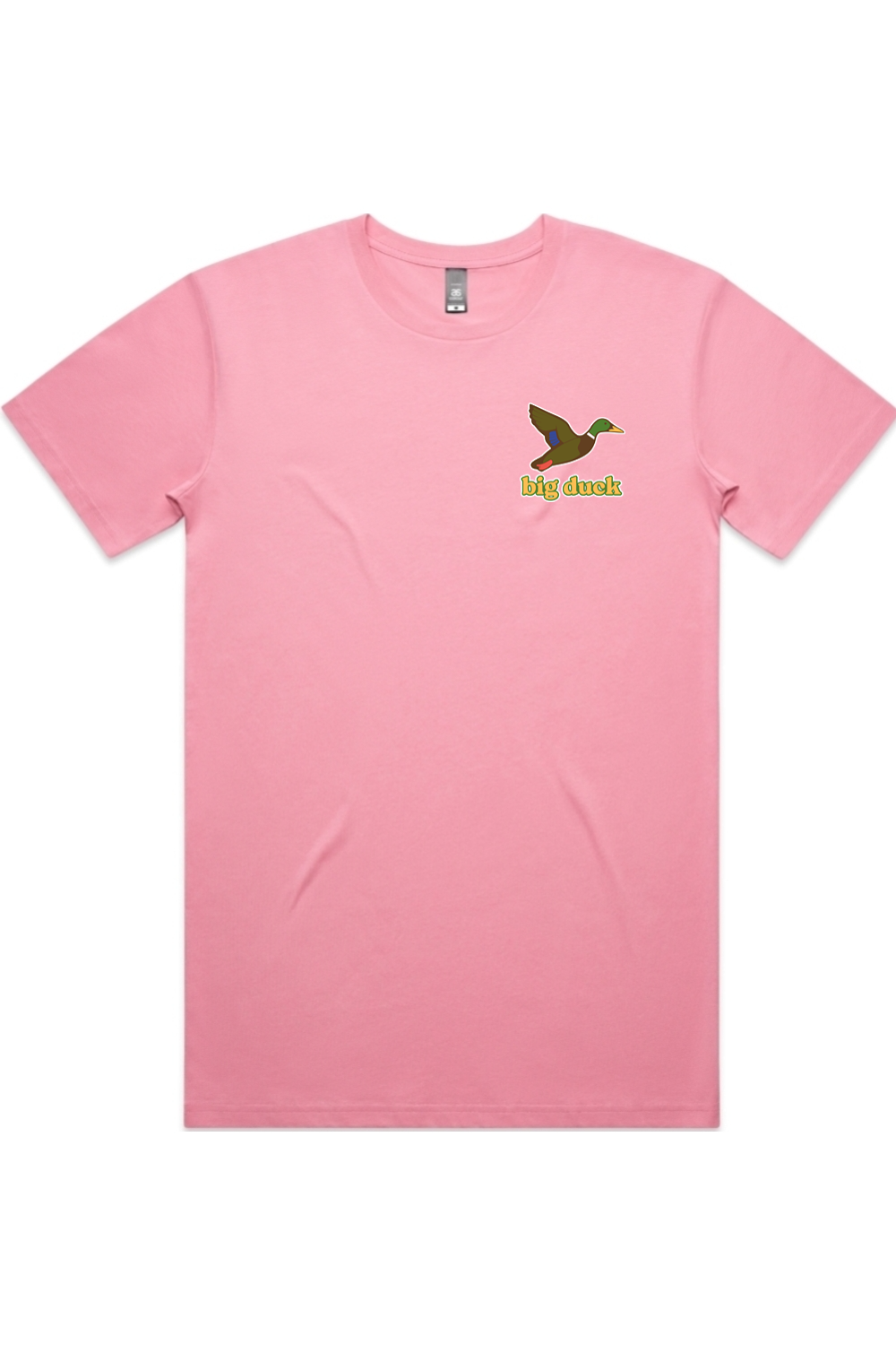 Bubblegum tee with left chest flying mallard Big Duck logo