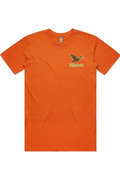 Orange Crush tee with left chest flying mallard Big Duck logo