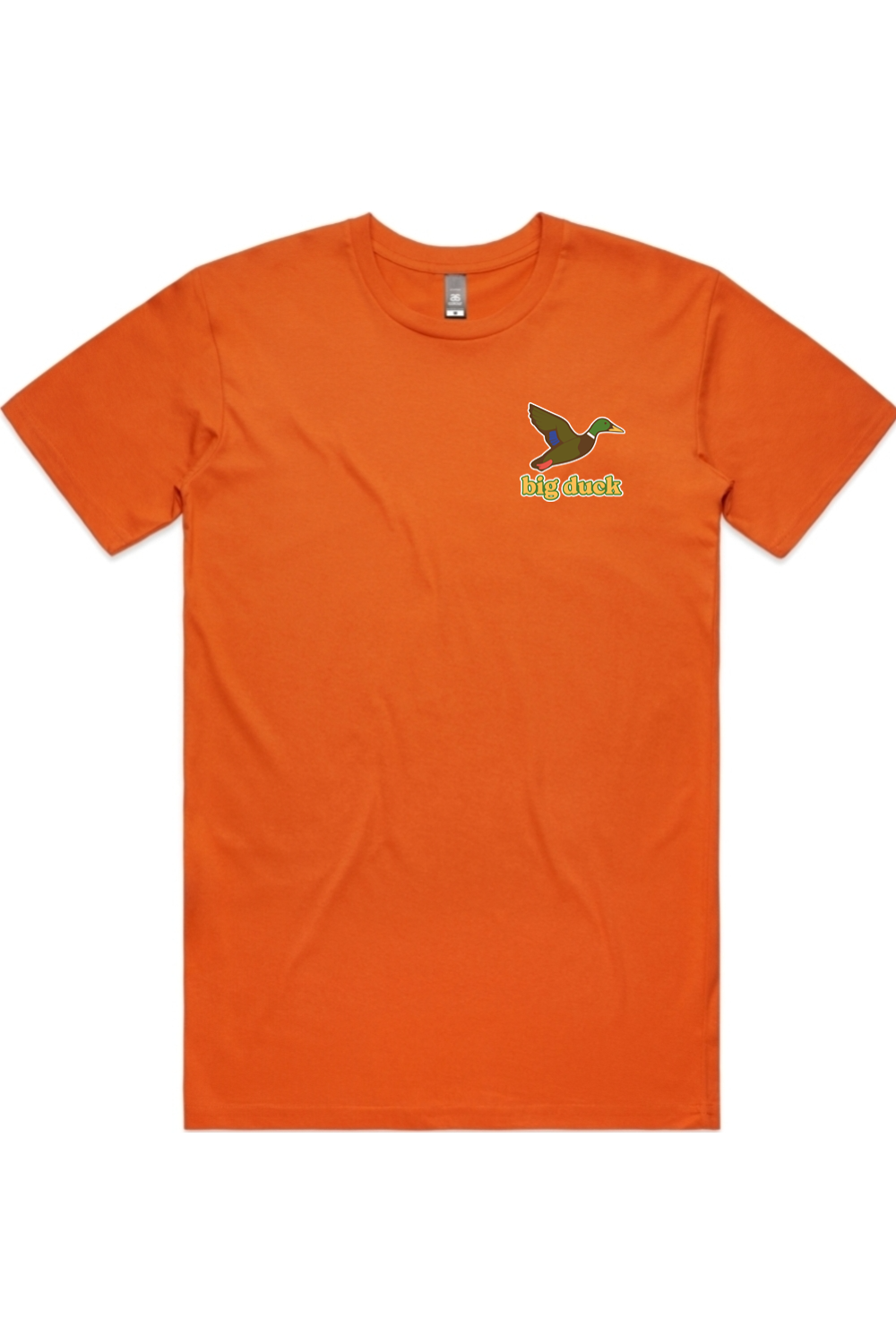 Orange Crush tee with left chest flying mallard Big Duck logo