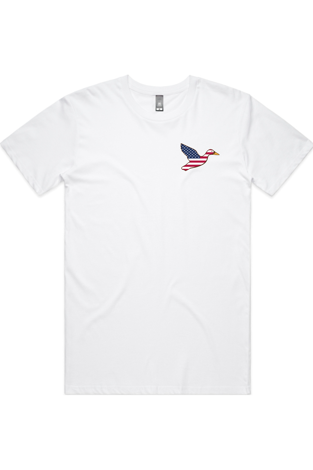 Big Duck Americana tee in White with left chest flying mallard Big Duck logo