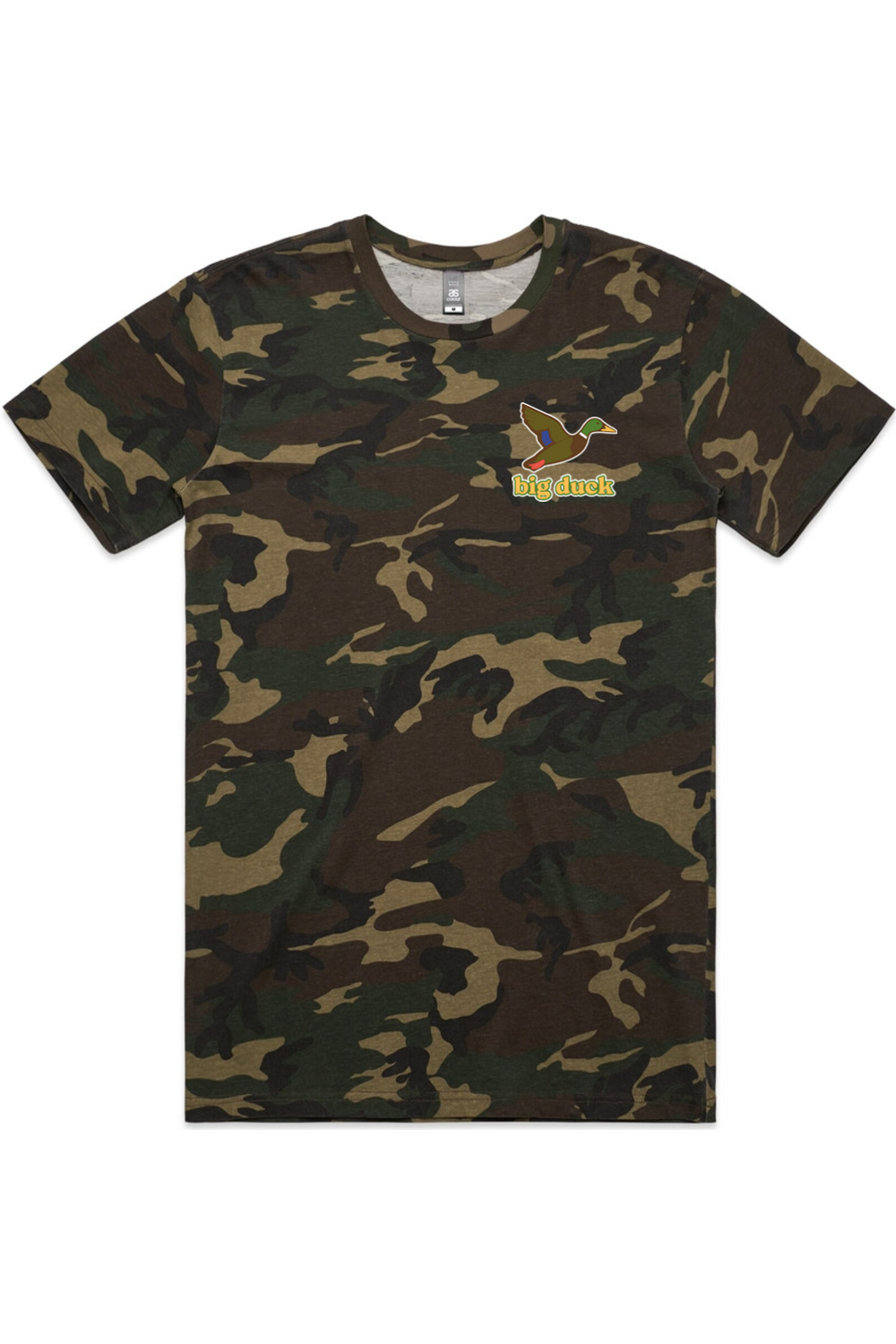 Stealth Mode tee in Camo with left chest flying mallard Big Duck logo