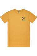 Mustard tee with left chest flying mallard Big Duck logo