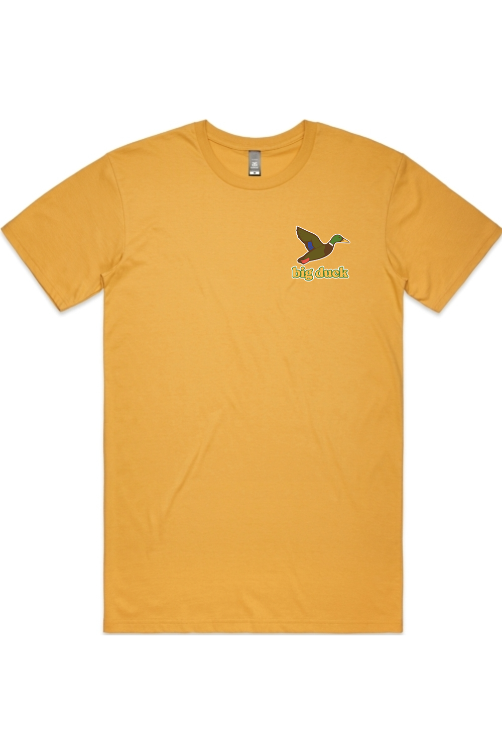 Mustard tee with left chest flying mallard Big Duck logo