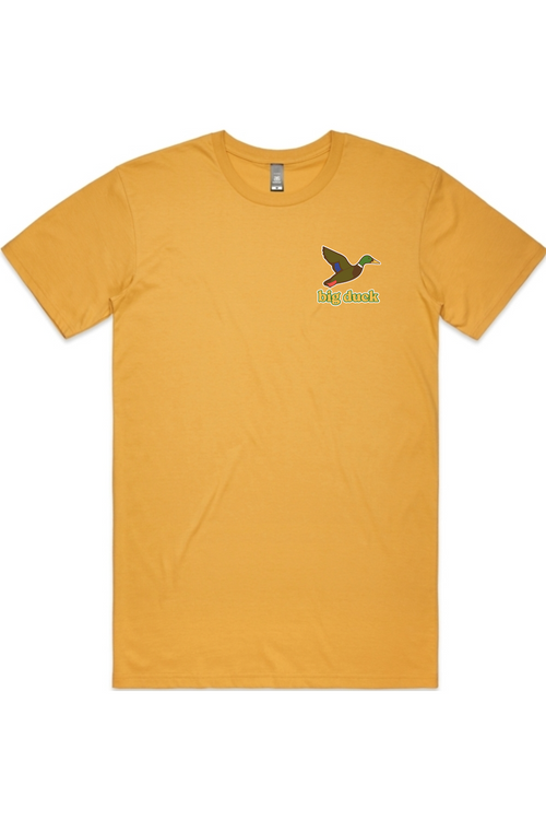 Mustard tee with left chest flying mallard Big Duck logo
