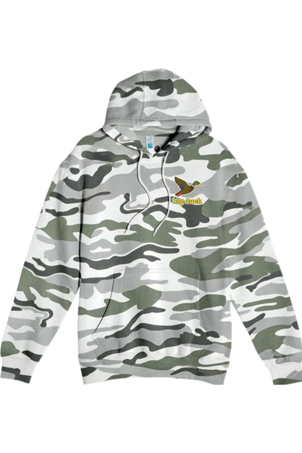 Big Duck In-Flight hoodie in Sage Camo with left chest Big Duck mallard logo