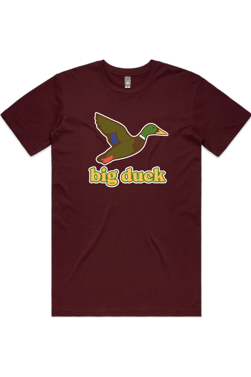 Maroon tee in Burgundy with front flying mallard Big Duck logo