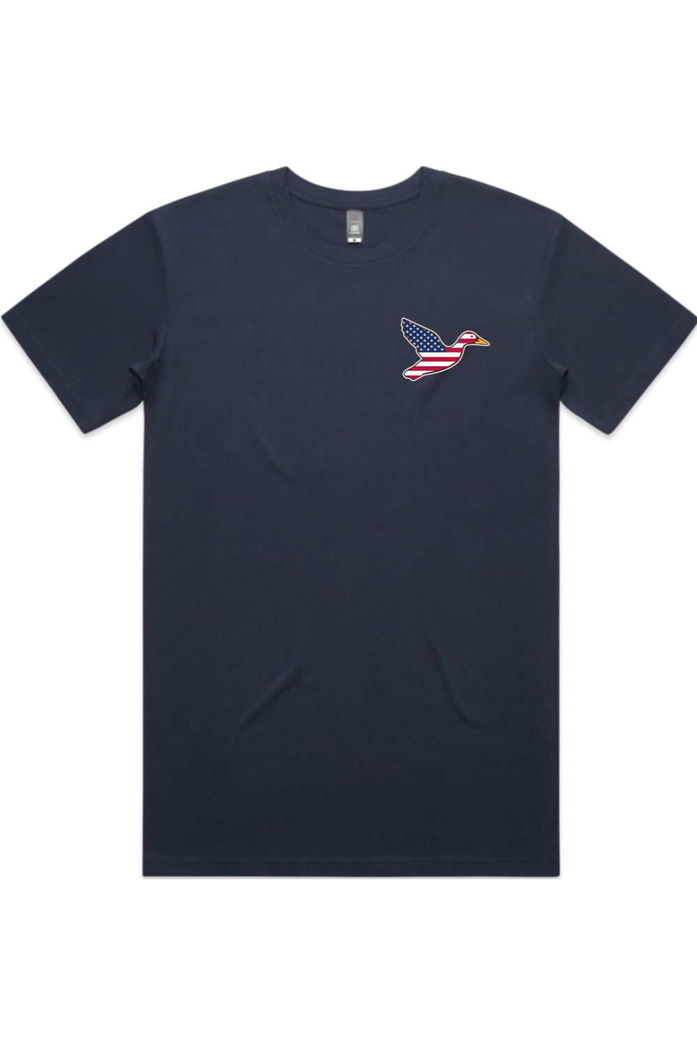 Big Duck Americana tee in Midnight Blue with left chest flying mallard Big Duck logo