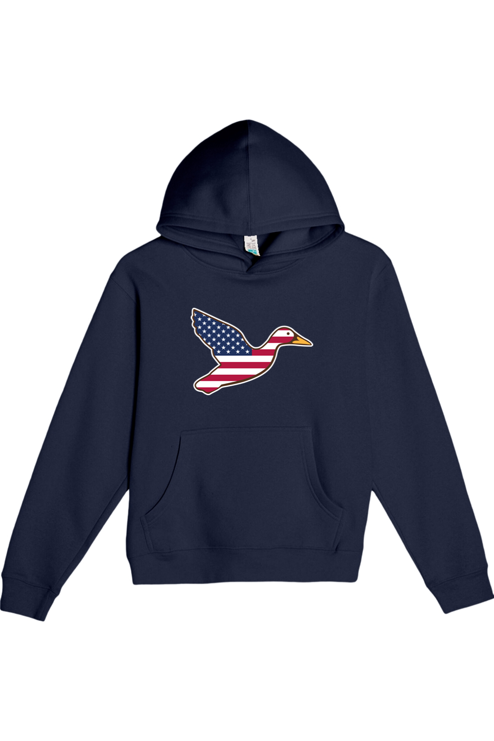 Big Duck Americana youth hoodie in Navy with front Big Duck mallard logo