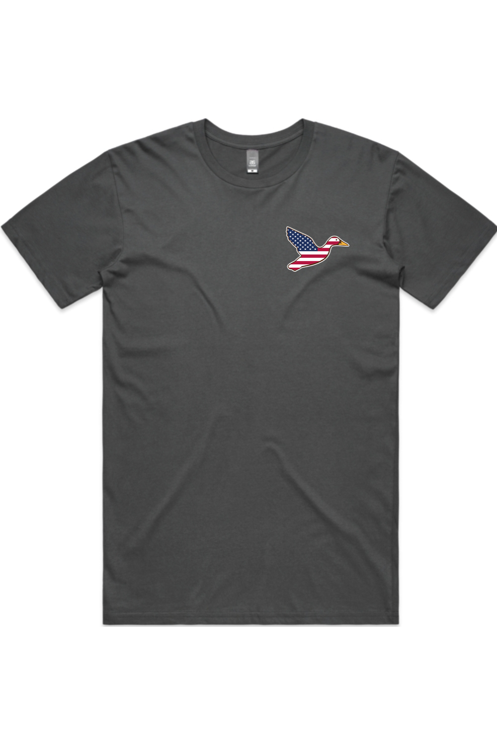 Big Duck Americana tee in Charcoal with left chest flying mallard Big Duck logo