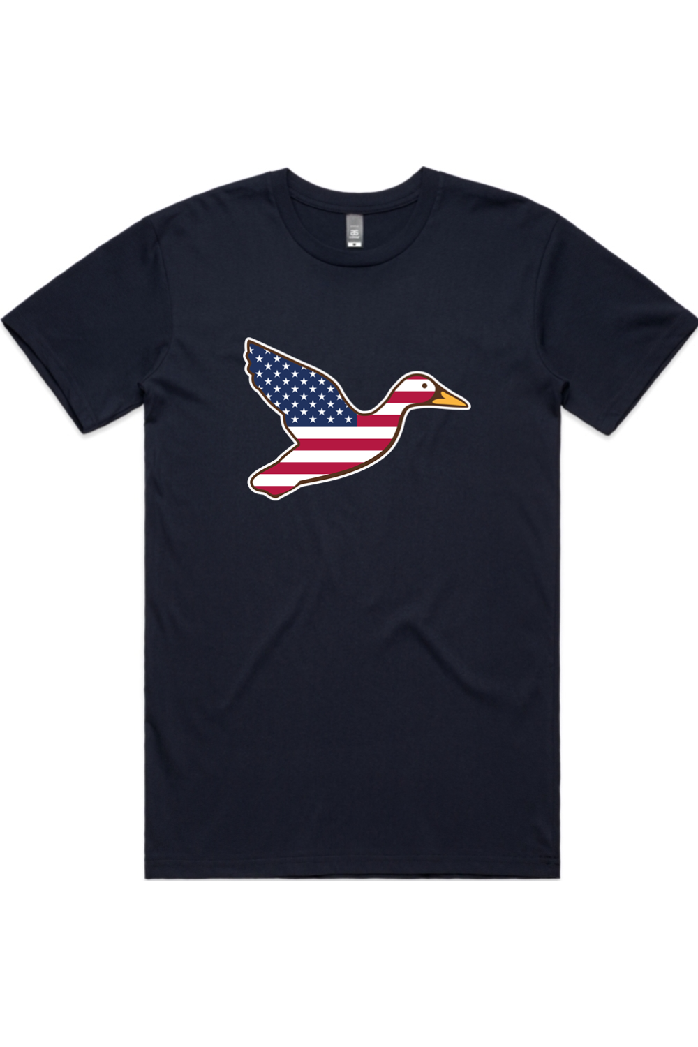Big Duck Americana tee in Navy with front flying mallard Big Duck logo