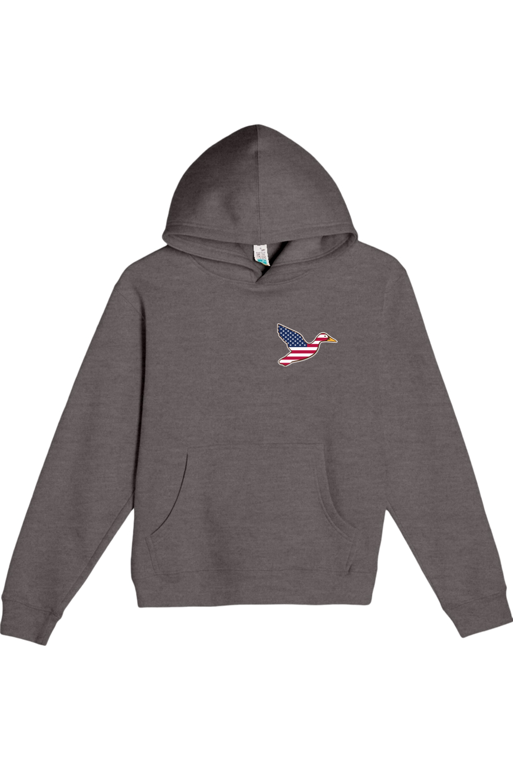 Big Duck Americana youth hoodie in Charcoal Heather with left chest Big Duck mallard logo