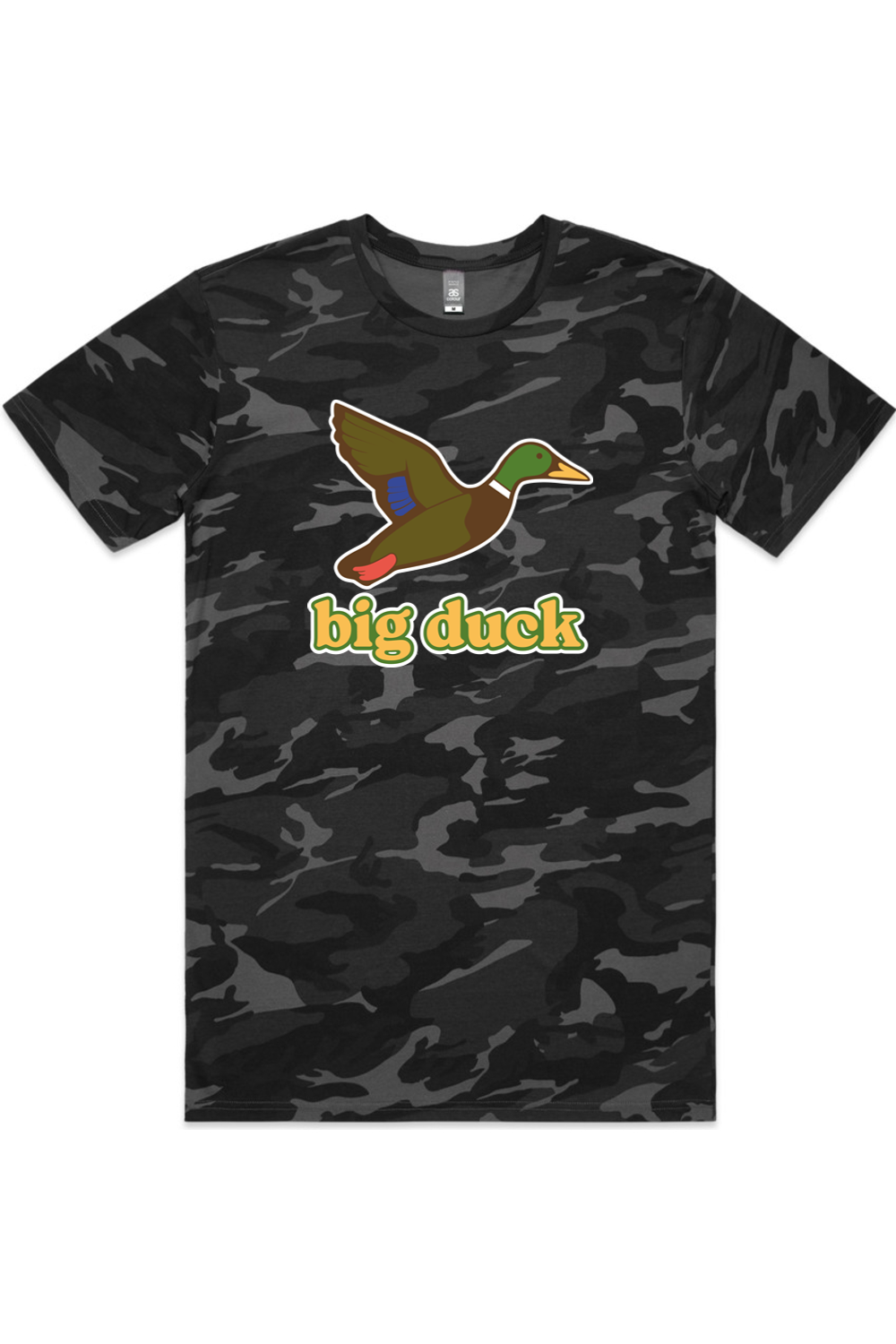Stealth Mode tee in Black Camo with front flying mallard Big Duck logo