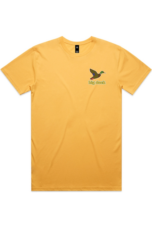 Jenny Sunshine tee in Sunset with left chest flying mallard Big Duck logo
