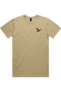 Khaki tee with left chest flying mallard Big Duck logo