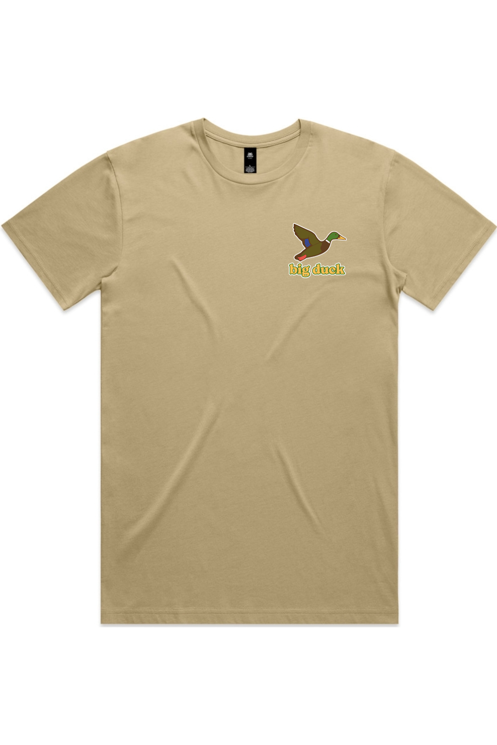 Khaki tee with left chest flying mallard Big Duck logo