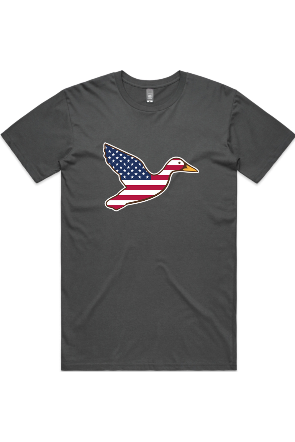 Big Duck Americana tee in Charcoal with front flying mallard Big Duck logo