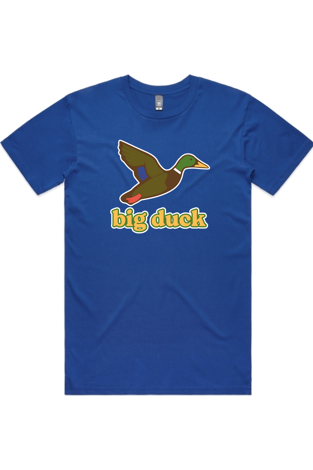 Deep Blue Sea tee in Bright Royal with front flying mallard Big Duck logo