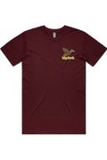 Maroon tee in Burgundy with left chest flying mallard Big Duck logo