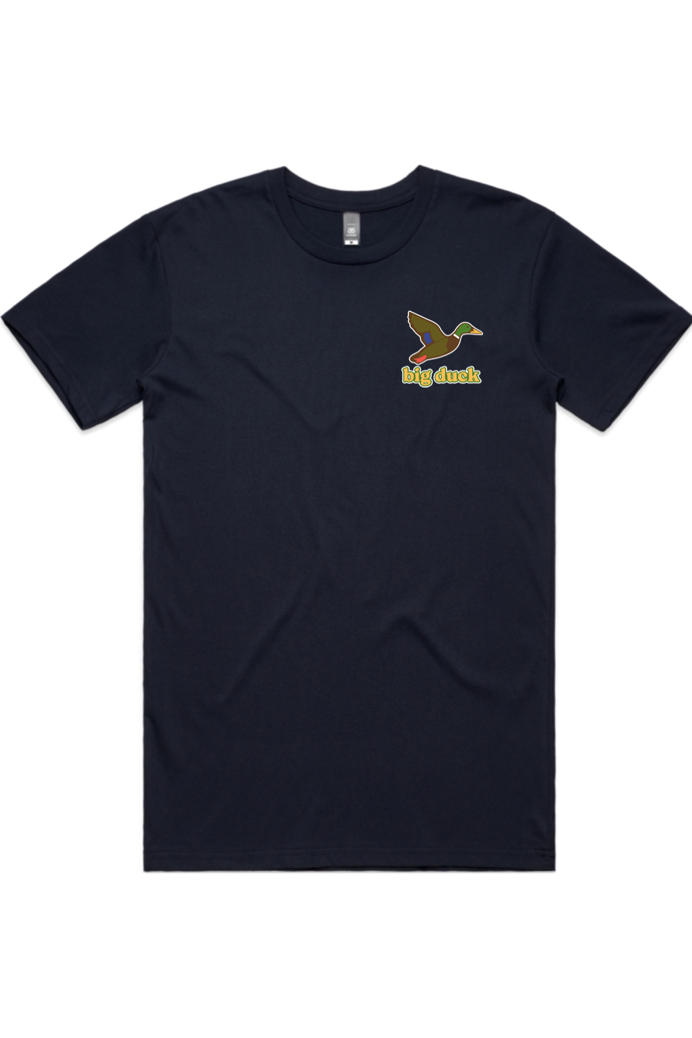 Navy tee with left chest flying mallard Big Duck logo
