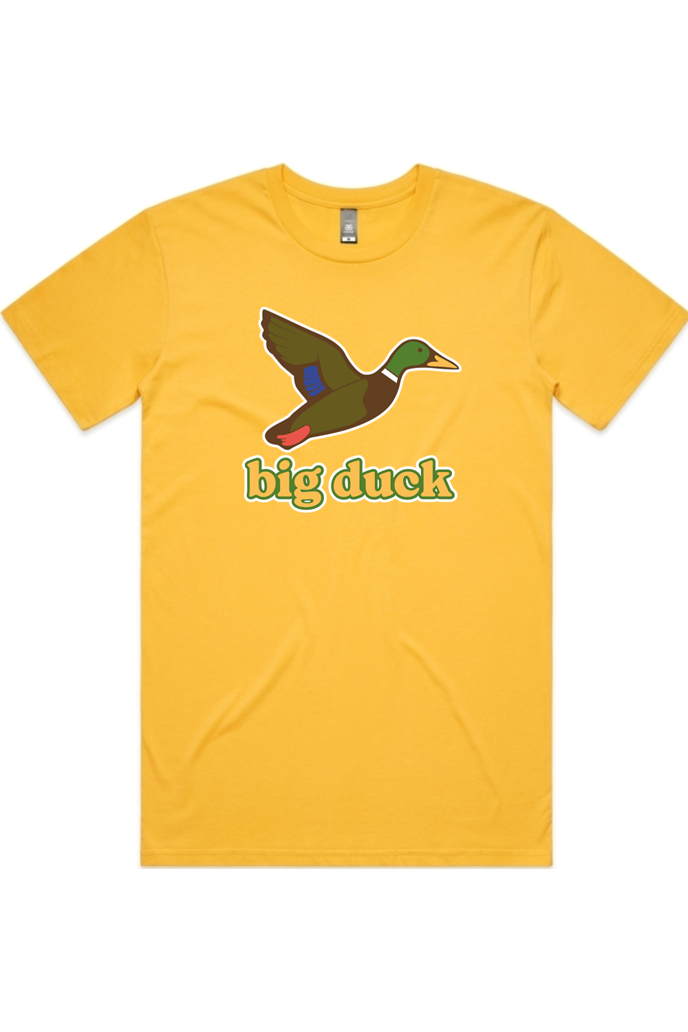 Golden Sunset tee in Yellow with front flying mallard Big Duck logo