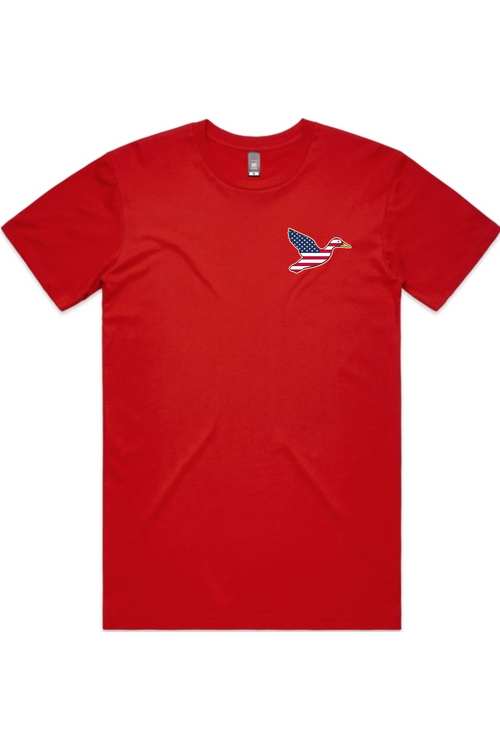 Big Duck Americana tee in Red with left chest flying mallard Big Duck logo