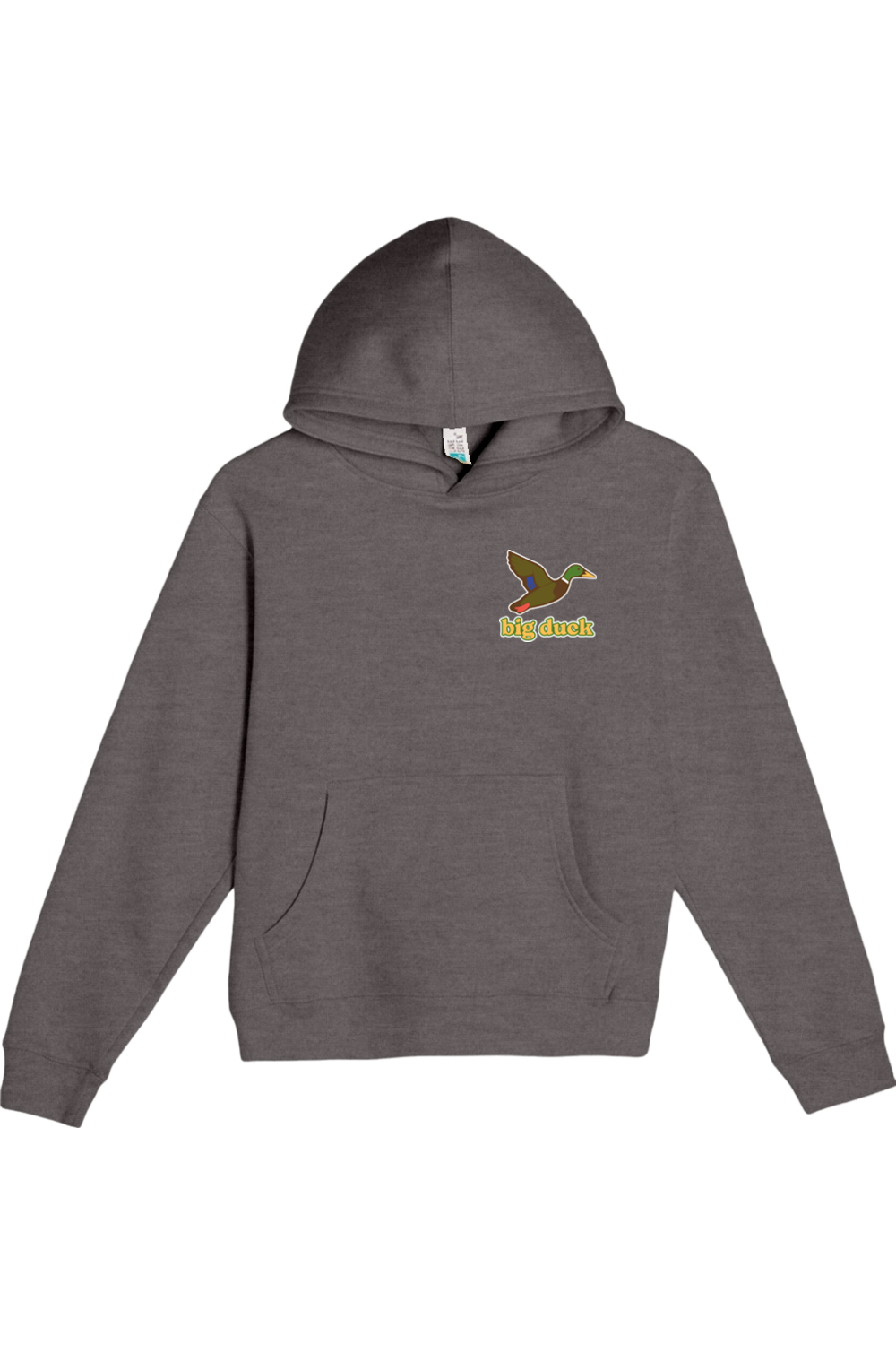 Big Duck In-Flight youth hoodie in Charcoal Heather with left chest Big Duck mallard logo