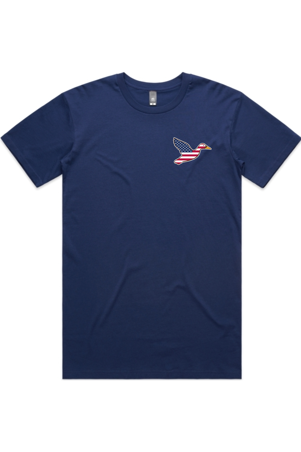 Big Duck Americana tee in Cobalt with left chest flying mallard Big Duck logo