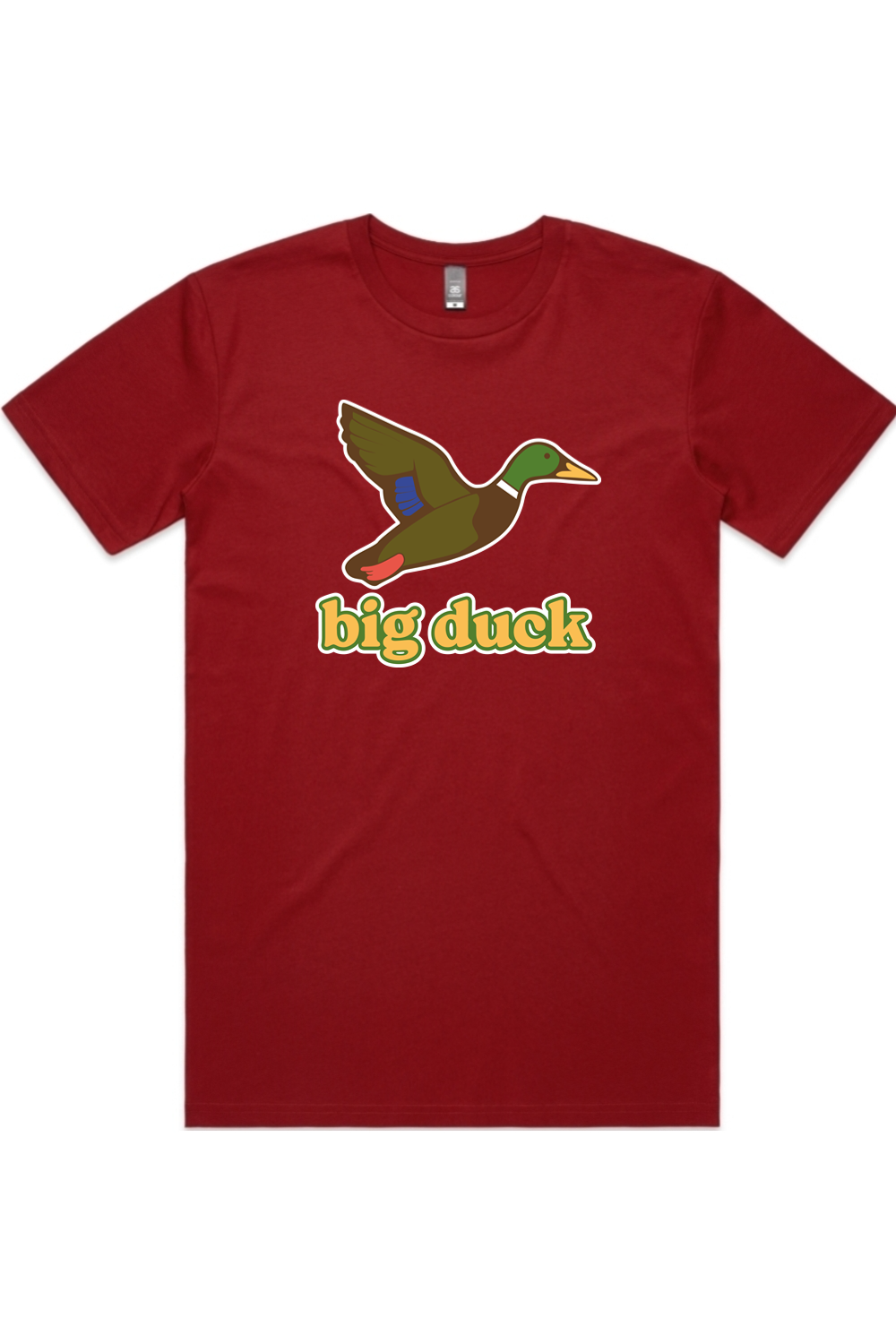 Crimson Nights tee in Cardinal with front flying mallard Big Duck logo
