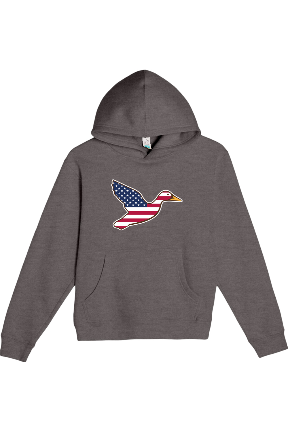 Big Duck Americana youth hoodie in Charcoal Heather with front Big Duck mallard logo