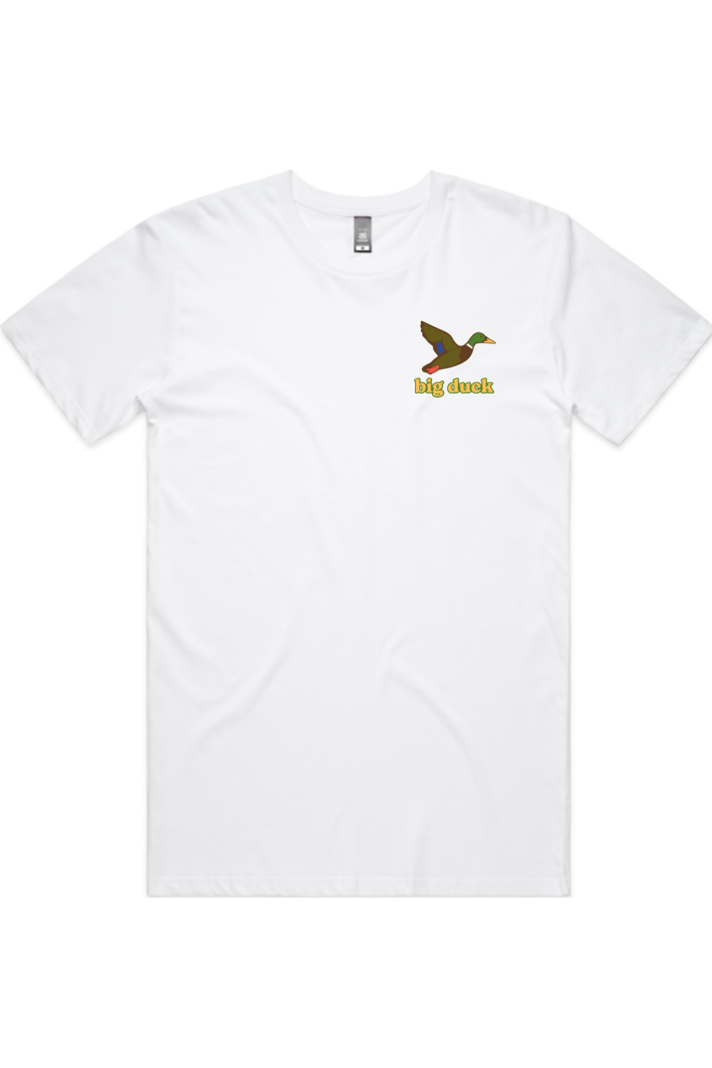 Dove's Cry tee in White with left chest flying mallard Big Duck logo