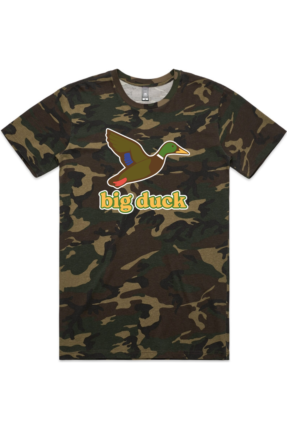 Stealth Mode tee in Camo with front flying mallard Big Duck logo
