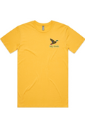 Golden Sunset tee in Yellow with left chest flying mallard Big Duck logo