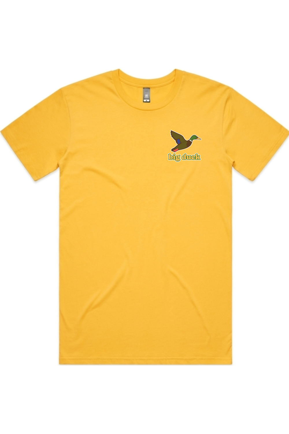 Golden Sunset tee in Yellow with left chest flying mallard Big Duck logo