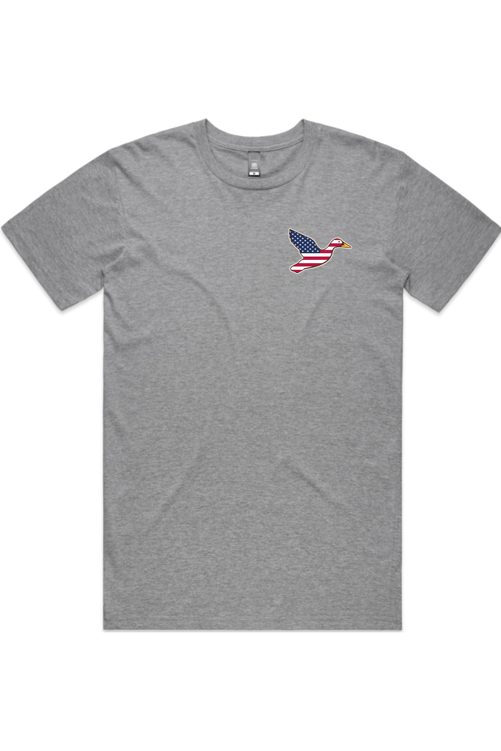 Big Duck Americana tee in Athletic Heather with left chest flying mallard Big Duck logo